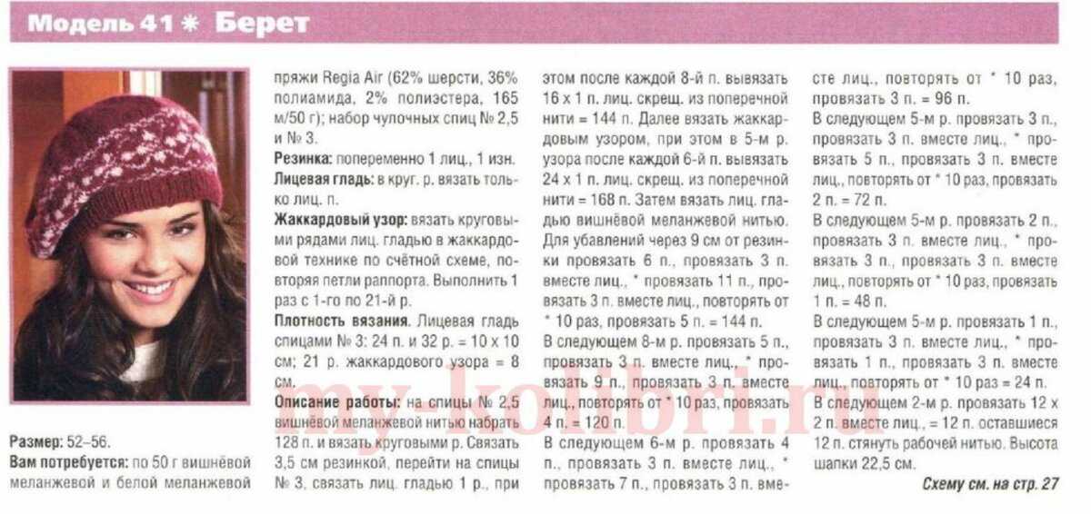 Детально о вязании спицами берета со схемами и описанием