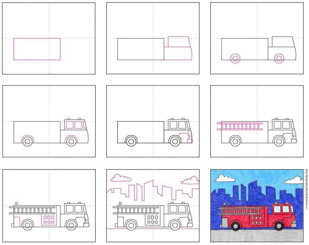 Пожарная машина поэтапно. Рисование для детей пожарная машина. Поэтапное рисование пожарной машины. Пожарная машина схема рисования для детей. Схемы рисования машин для дошкольников.