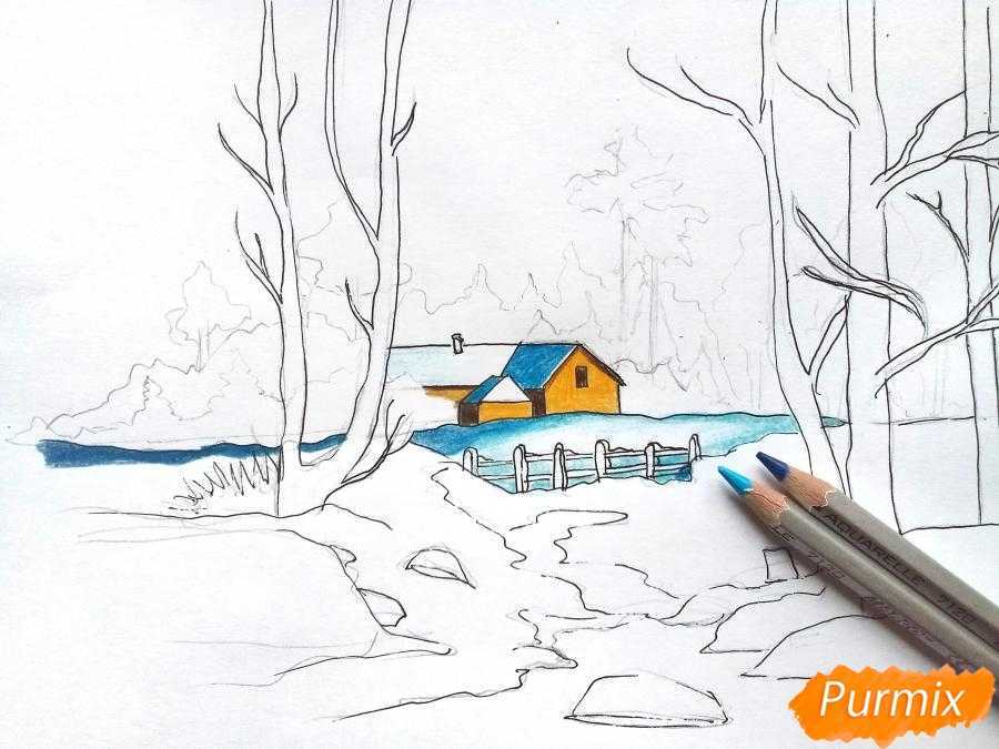 Зимний пейзаж рисунок карандашом