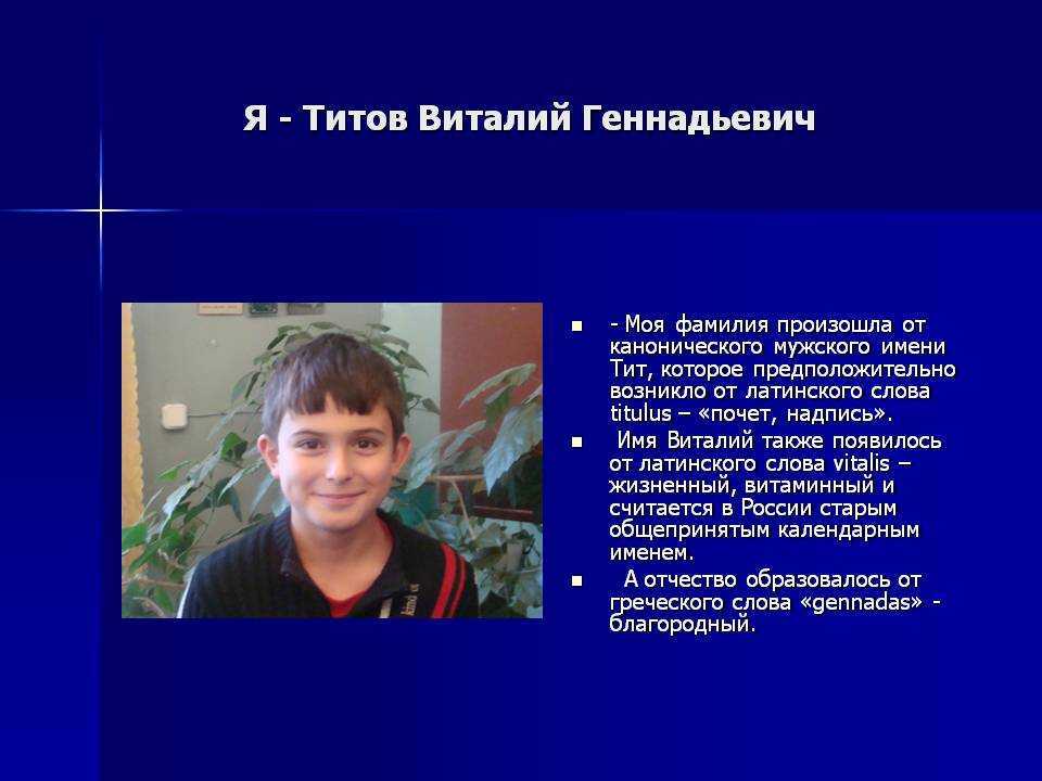 Имена и фамилии 3 класс. Происхождение имени Виталий. Виталий имя проект. Титов Виталий Геннадьевич. Проект мое имя и фамилия.