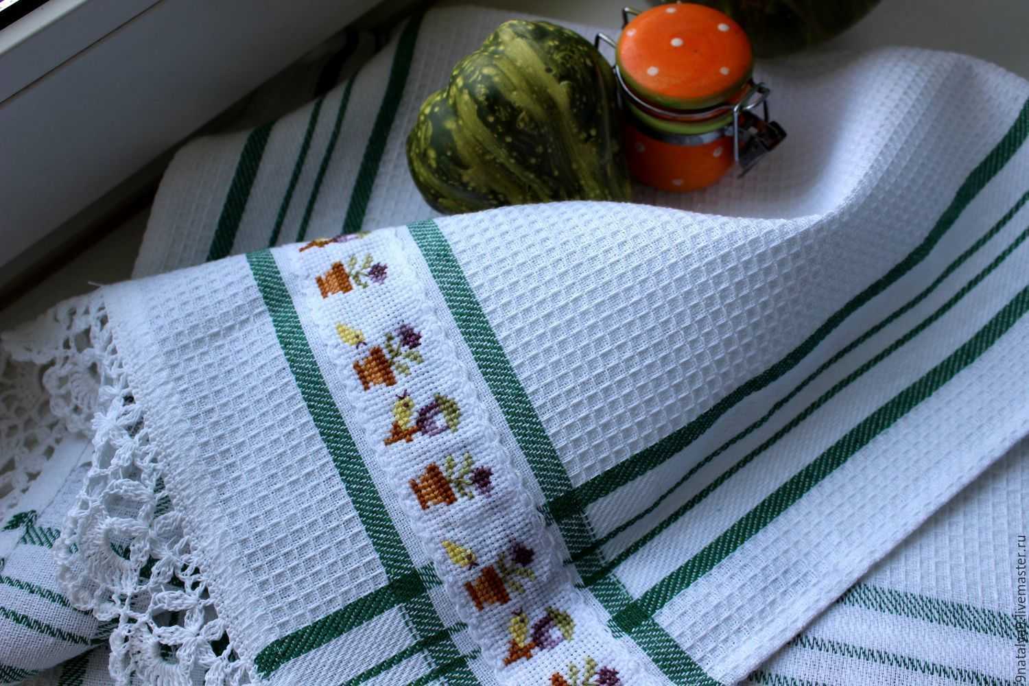 Ручные полотенца. Красивые кухонные полотенца. Декорируем кухонное полотенце. Кухонные полотенца из вафельной ткани. Декор для кухонного полот.